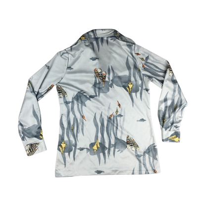 Vintage 70s Grey Aquatic Print Blouse 8