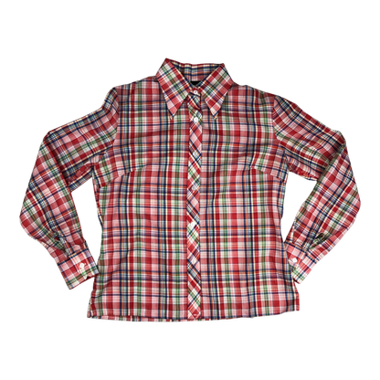 Vintage 70s Blue, Red and Green Plaid Button-up Blouse 16