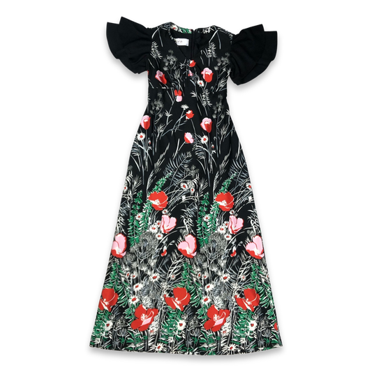 Vintage 70s Floral Daisy and Poppy Print Black Maxi Dress 10