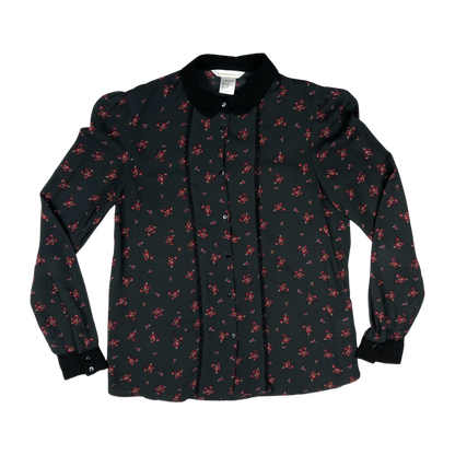 Vintage 90s Y2K Black Floral Print Blouse 8