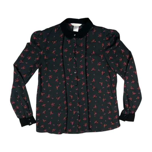 Vintage 90s Y2K Black Floral Print Blouse 8