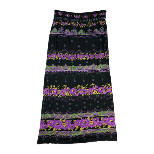 Vintage 60s 70s Black Floral Long Maxi Skirt 10