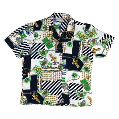 Vintage 80s Navy Green and Gold Abstract Print Blouse 16