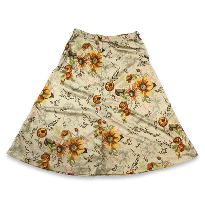 Vintage 70s Cream Green and Orange Floral Print A Line Midi Skirt 8