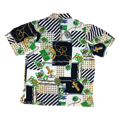 Vintage 80s Navy Green and Gold Abstract Print Blouse 16