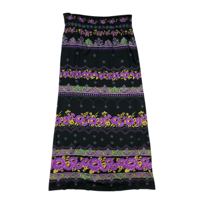 Vintage 60s 70s Black Floral Long Maxi Skirt 10