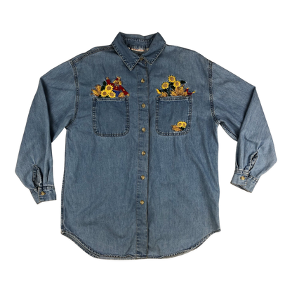 Vintage 80s Women's Embroidered Flower Denim Shirt 16