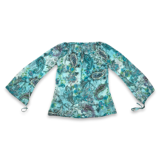 Vintage Y2K Turquoise Paisley Print Long Sleeve Mesh Top 10 12