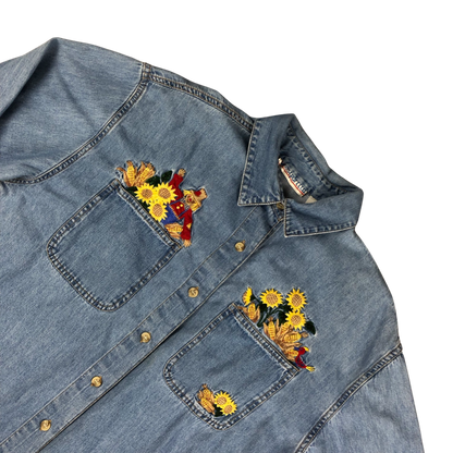 Vintage 80s Women's Embroidered Flower Denim Shirt 16