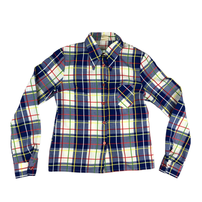 Vintage 70s Blue White Plaid Shirt Blouse 6