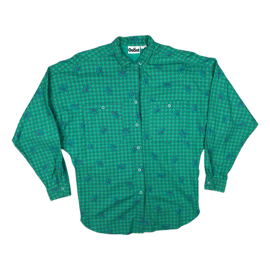 Vintage 80s 90s Teal Abstract Print Blouse 16