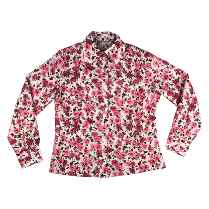 Vintage 70s Pink Floral Print Long Sleeve Blouse 16