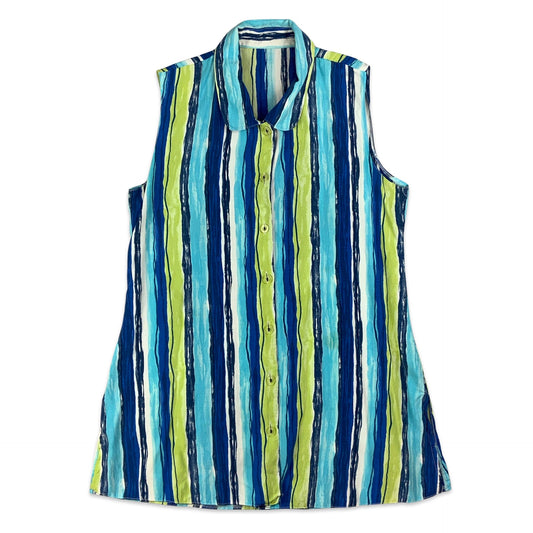 Blue White & Green Striped Sleeveless Blouse 10 12
