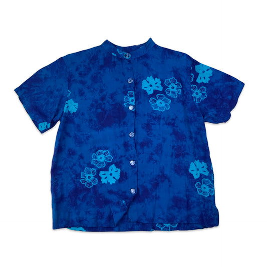Blue Floral Print Short Sleeve Blouse 14 16