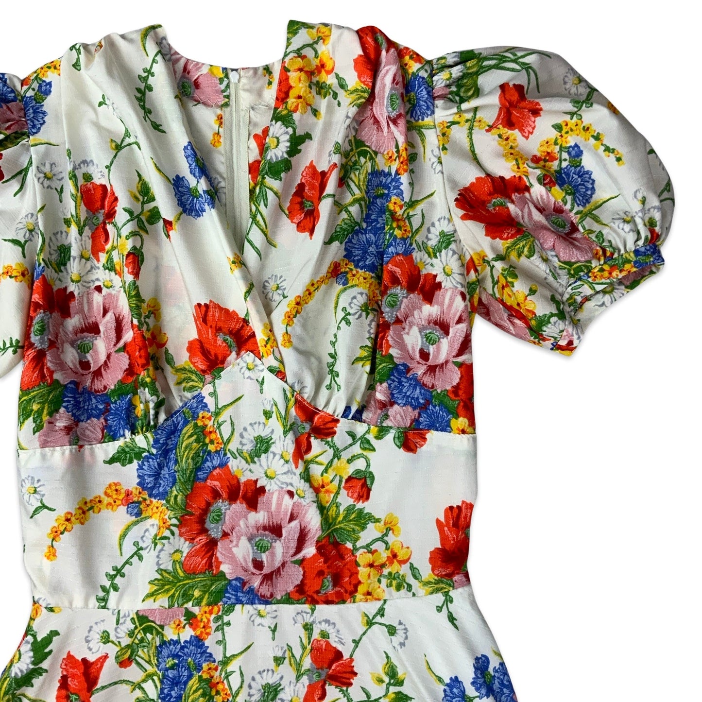Vintage White & Multicolour Floral Print Midi Dress 8 10