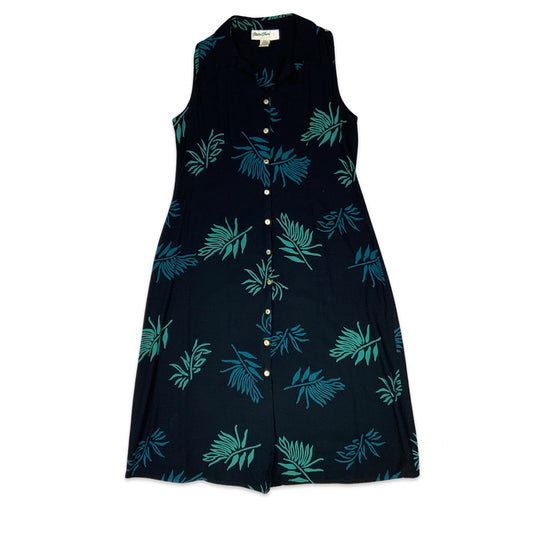Y2K Black & Teal Botanical Print Sleeveless Button-up Maxi Dress 14 16