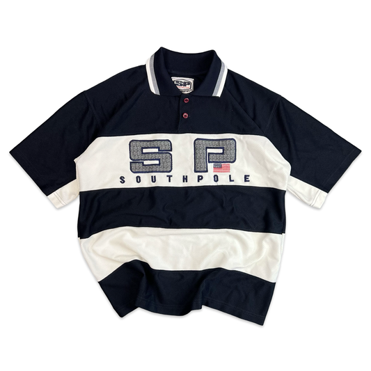 Y2K Southpole Black & White Baggy Striped Polo Shirt XL