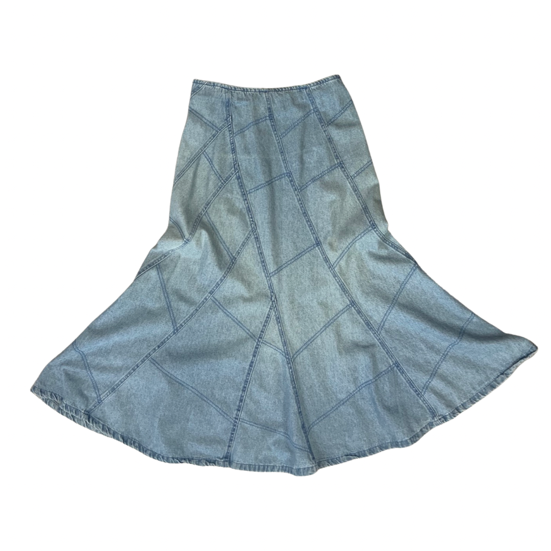 Vintage 80s Patchwork Denim Flared Skirt Light Wash 10