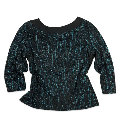 VTG Blue Black Metallic Shimmer 3/4 Sleeve Disco Top 10 12 14