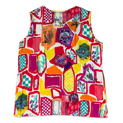 Vintage Pink White & Blue Abstract Print Sleeveless Top 14 16