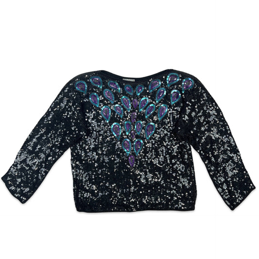Vintage 80s Boxy Oversized Sequin Blouse Black Purple Blue 8 10 12