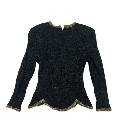 Vintage 80s Night Vogue Sequin Blouse Black Gold 4 6