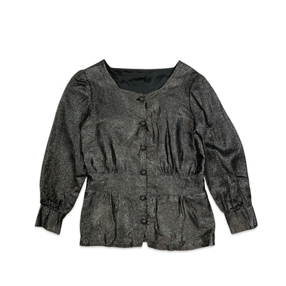 Vintage 80s Lurex Blouse Silver Black 8 10