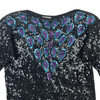 Vintage 80s Boxy Oversized Sequin Blouse Black Purple Blue 8 10 12