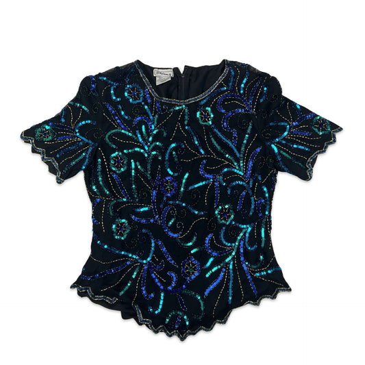 Vintage 80s Sequin Blouse Black Blue Green Gold 8 10