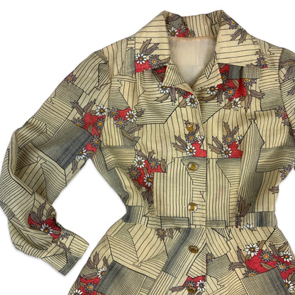 Vintage 70s Collared Fitted Floral Dress Beige Orange Brown 8 10