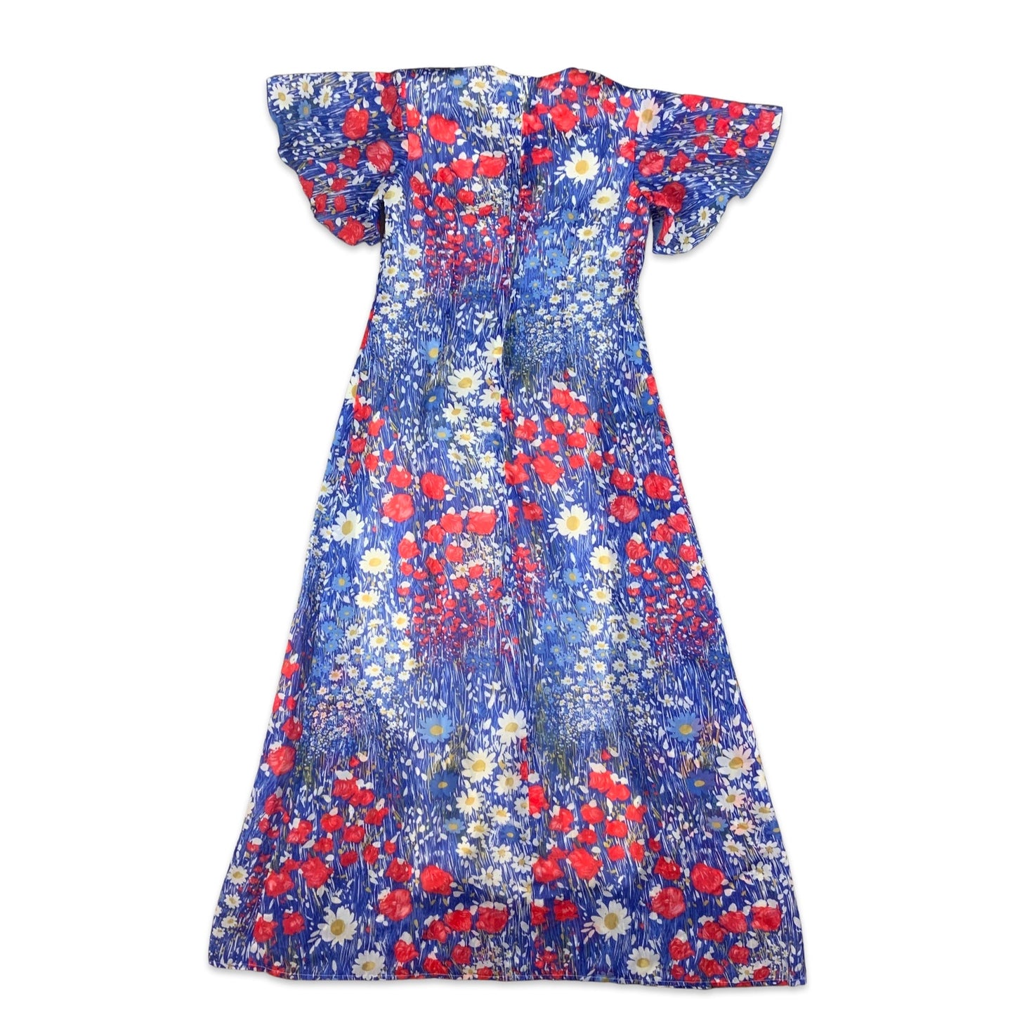 Vintage 70s Blue Red Yellow & White Floral Maxi Dress 10 12