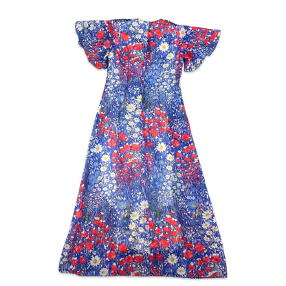 Vintage 70s Blue Red Yellow & White Floral Maxi Dress 10 12