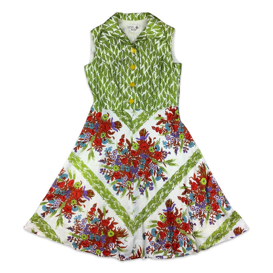 Vintage 70s White Green Red Blue Floral Print Collared A-Line Dress 12 14