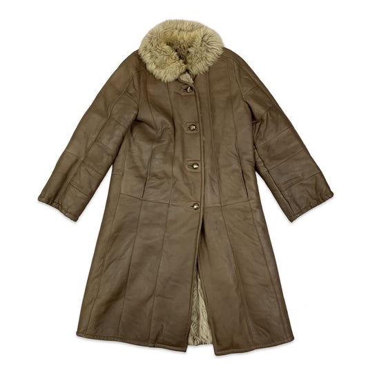 Vintage Brown and Cream Shearling Midi Coat 12 14