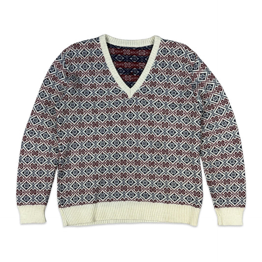 Vintage 80s Patterned V-Neck Knit Jumper 12