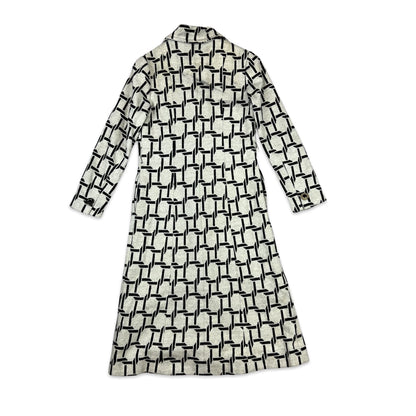 Vintage 90s Wool Midi Coat Geometric Print Light Grey Black 6 8
