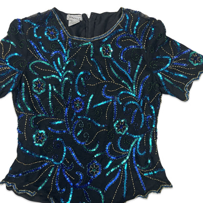 Vintage 80s Sequin Blouse Black Blue Green Gold 8 10