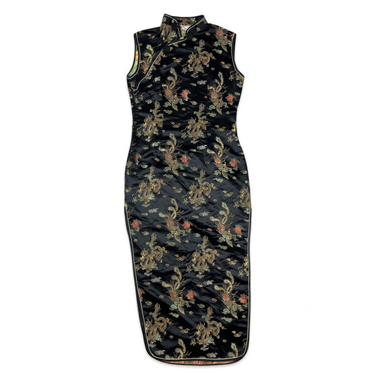 Vintage Oriental Cheongsam Midi Dress Dragon Black Gold 10 12 14
