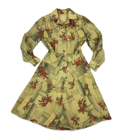 Vintage 70s Collared Fitted Floral Dress Beige Orange Brown 8 10