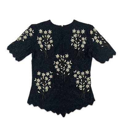 Vintage 80s Sequin Blouse Black Yellow 12 14