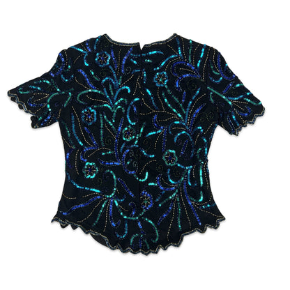 Vintage 80s Sequin Blouse Black Blue Green Gold 8 10
