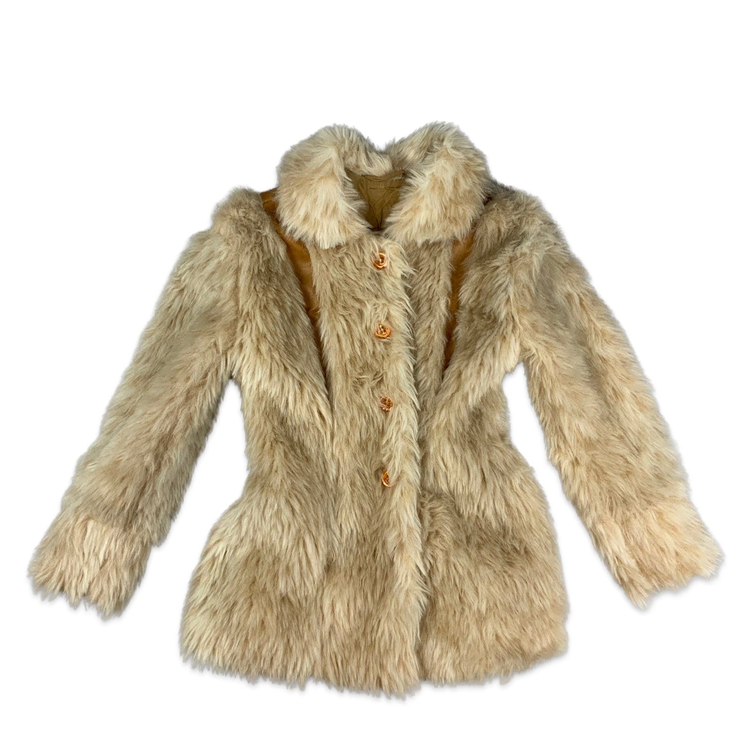 Vintage Cream Faux Fur Coat Orange Leather 6 8