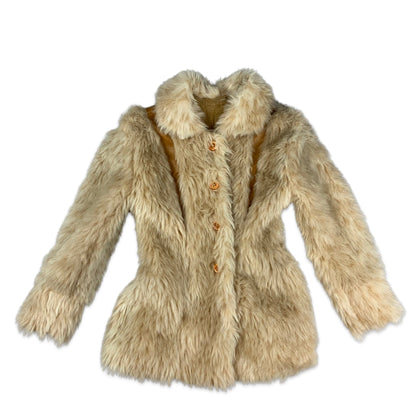 Vintage Cream Faux Fur Coat Orange Leather 6 8