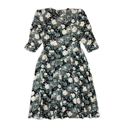 80s Vintage Black White Floral Dress 8