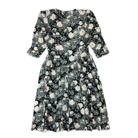 80s Vintage Black White Floral Dress 8