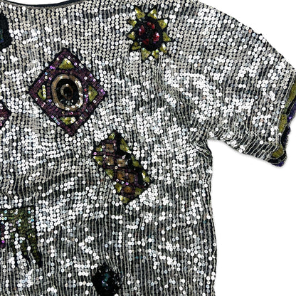 Vintage 80s Oversized Boxy Sequin Blouse Silver Pink Yellow 16