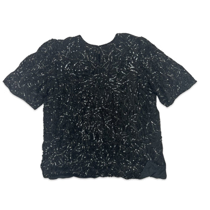 Vintage 80s Boxy Oversized Sequin Blouse Black Blue 12 14