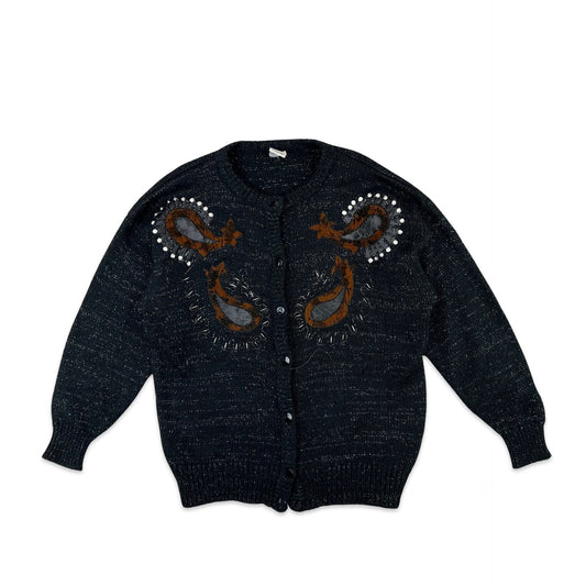 Vintage Mohair Cardigan Black Brown Embroidered Paisley 16 18