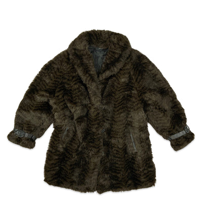 Vintage Brown Print Faux Fur Leather Coat 12 14 16