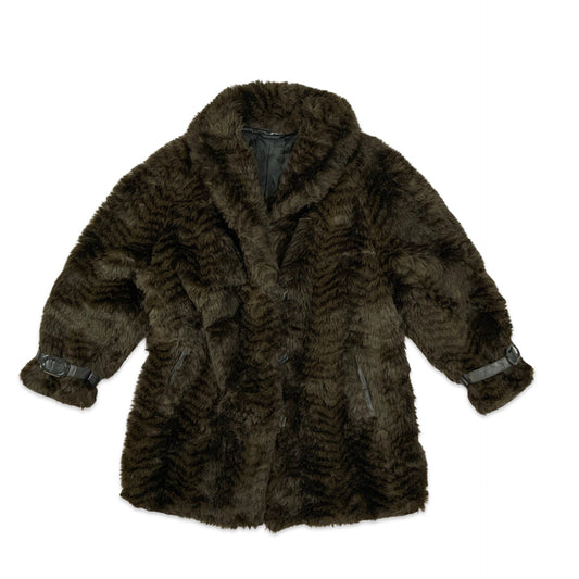 Vintage Brown Print Faux Fur Leather Coat 12 14 16